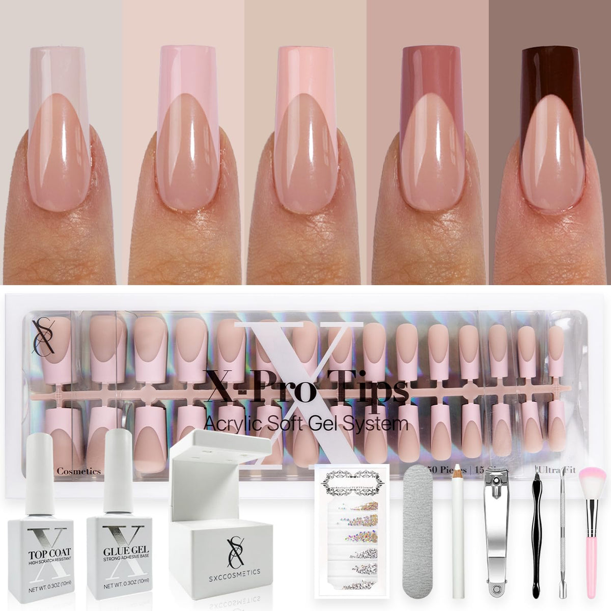 Ongles SXC adhésifs ton peau nude, finition lisse et durable.