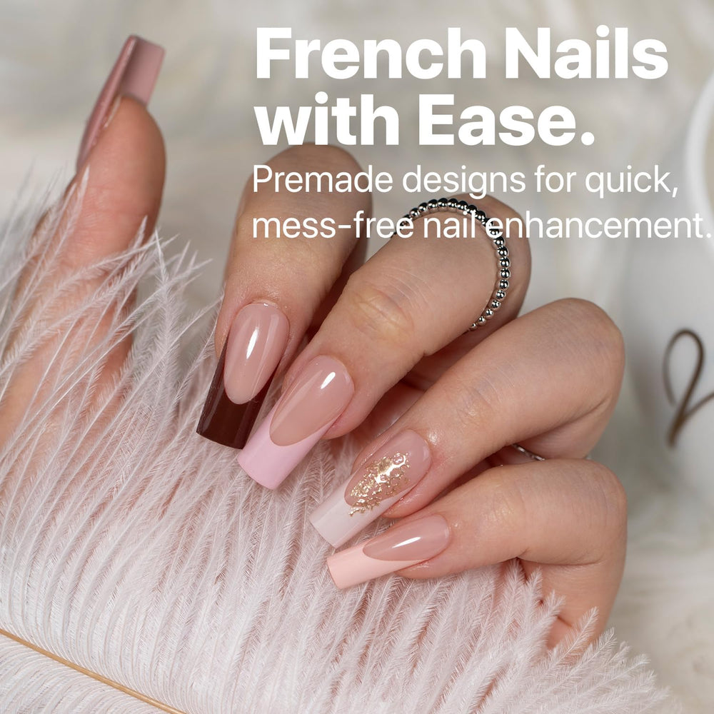 Ongles SXC bord gel francais, finition lisse et durable.