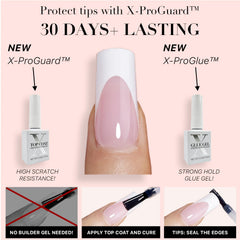 Ongles SXC avec apprêt et base préappliqués, forme cercueil court, résultat net et durable.