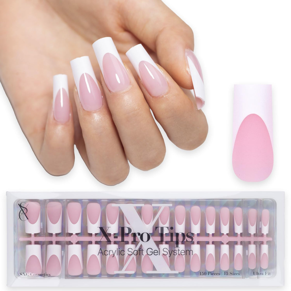 SXC Cosmetics ongles autocollants à pointe française rose moyen carré, faciles à poser et durables.