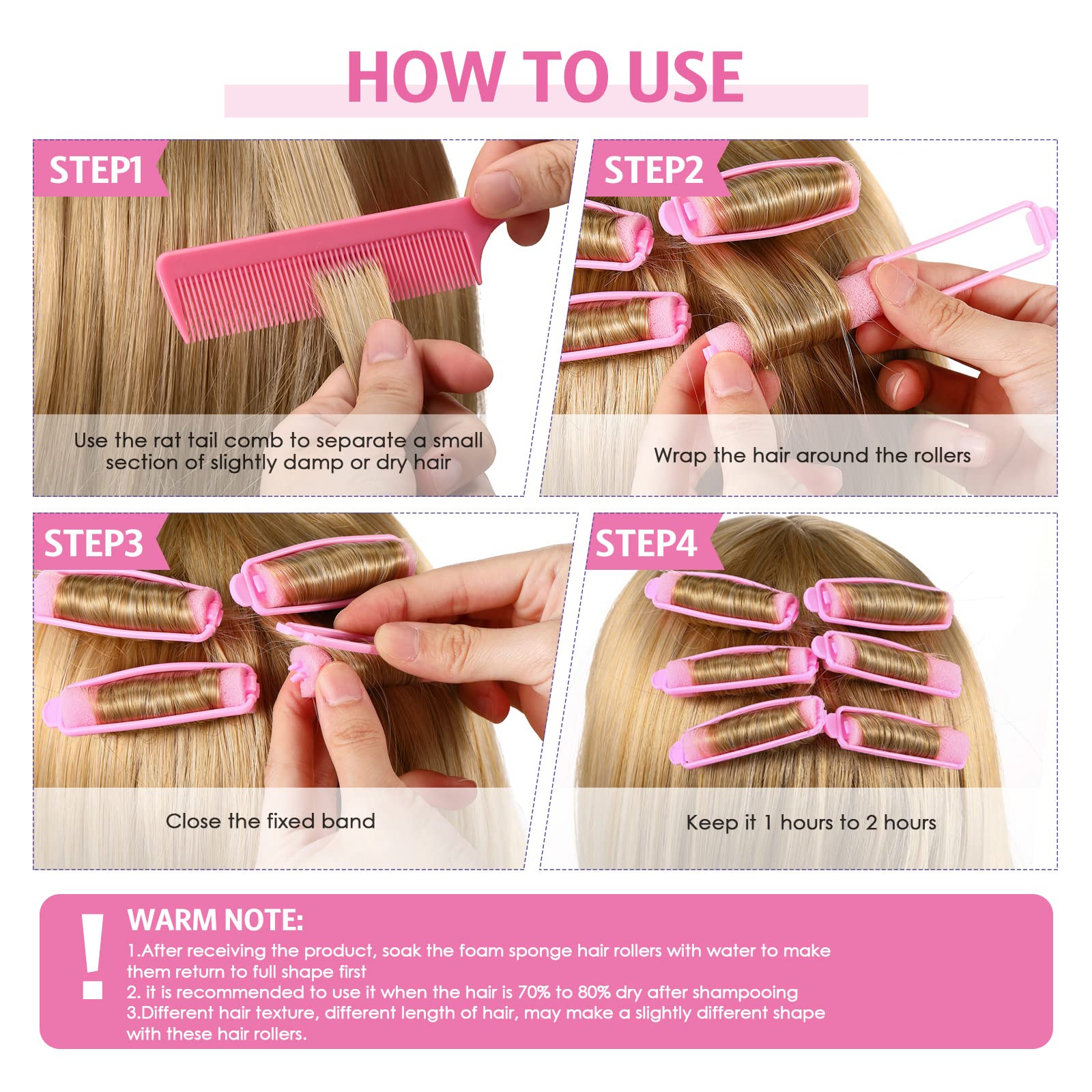 Syhood rouleaux mousse flexibles rose, permet boucles et ondulations variées.