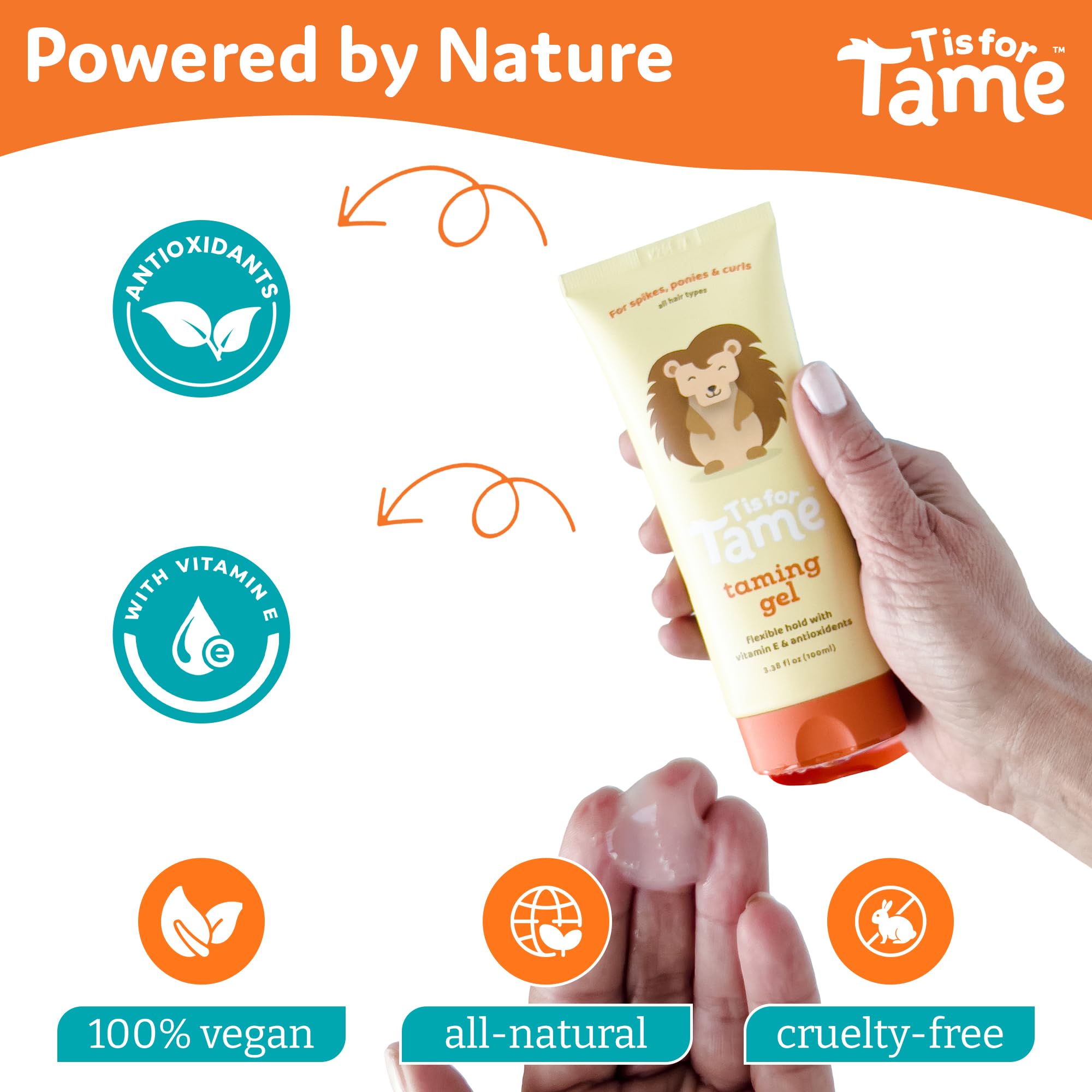 T is for Tame ingrédients naturels vitamine E pour cheveux sensibles.