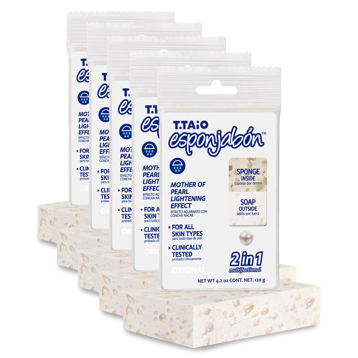 T.TAIO Esponjabon nacre, ensemble de cinq éponges savon, pratique et durable.
