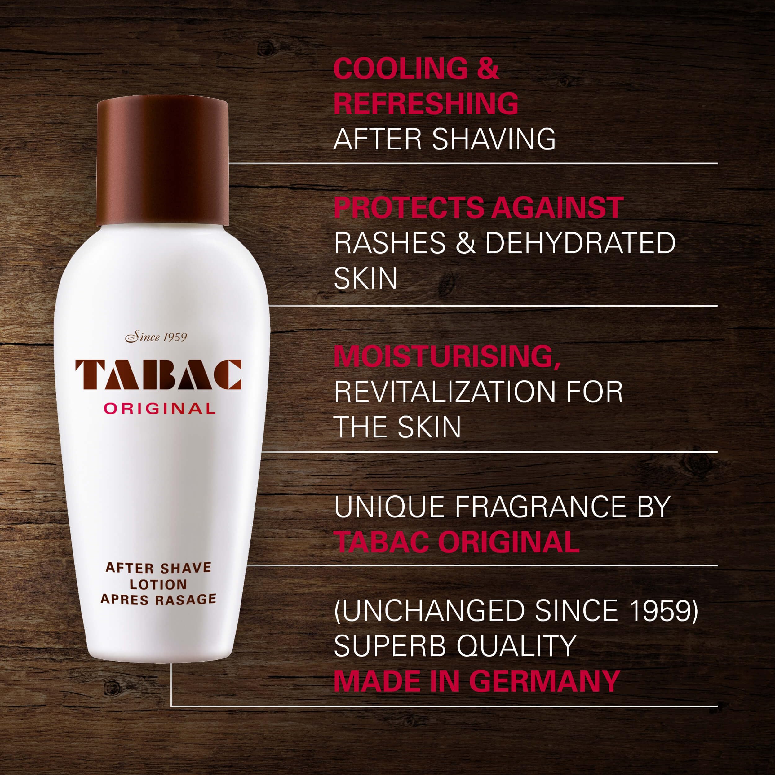 Tabac Original après-rasage, emballage soigné protégeant une fragrance durable au quotidien.