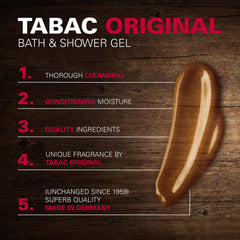 Tabac Original: gel-douche-mousseux offrant une mousse riche pour un nettoyage doux.