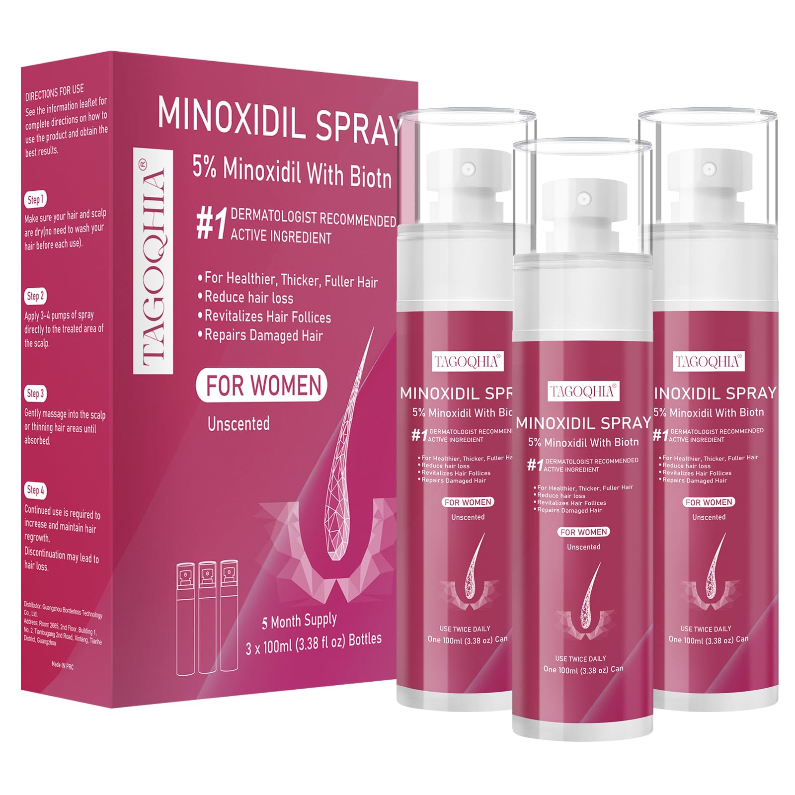 TAGOQHIA Minoxidil 5% bouteille 100 ml pour femmes, application ciblée