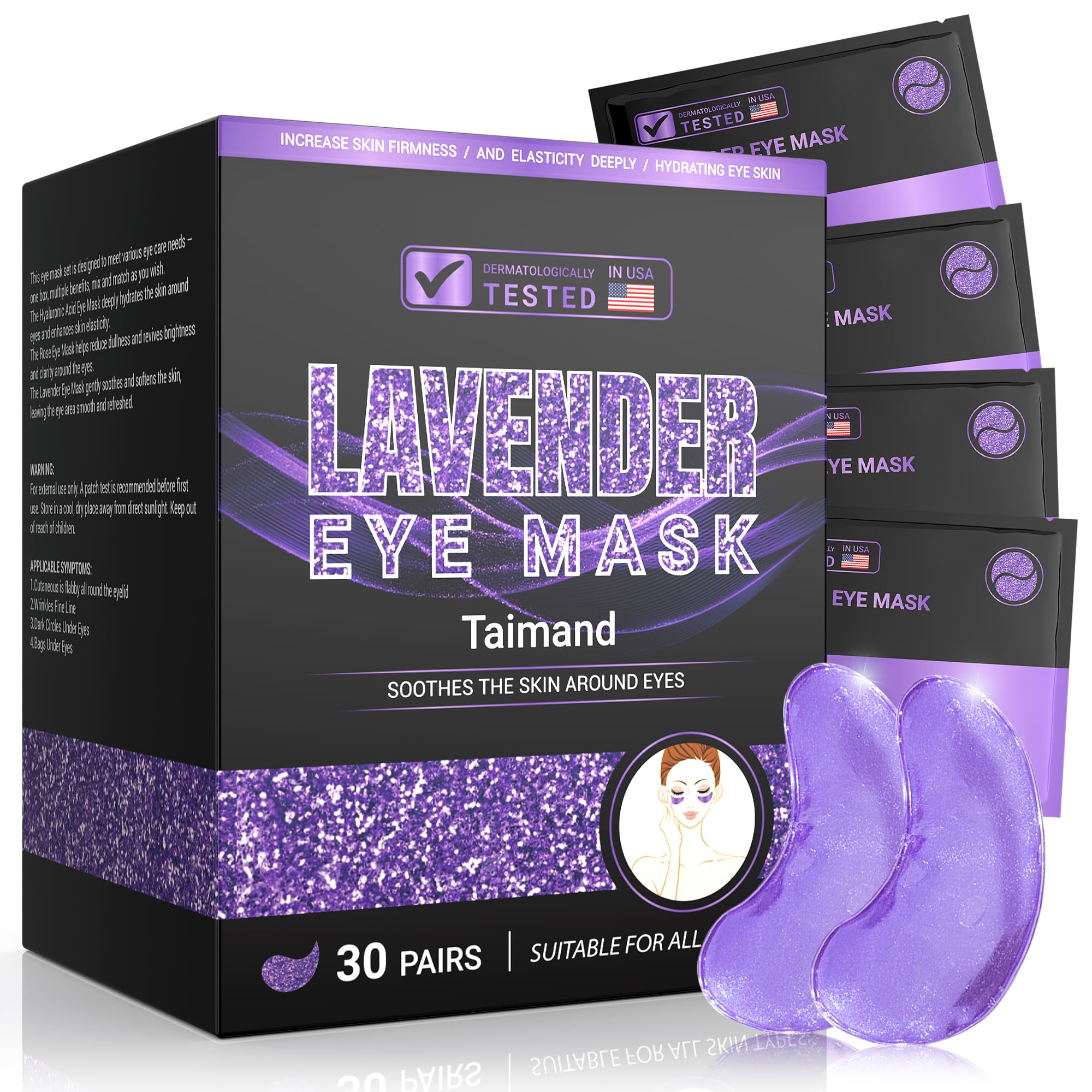Taimand patchs contour des yeux lavande : emballage pratique pour voyage et routine rapide.