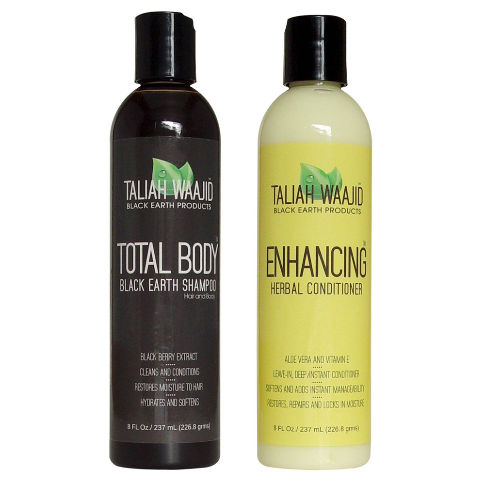 Shampoing Taliah Waajid Black Earth, flacon, nettoyage en douceur cheveux et cuir chevelu.