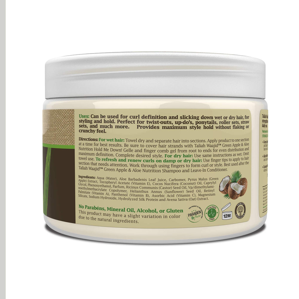 Taliah Waajid Green Apple & Aloe Gelle – emballage élégant, soin du cuir chevelu.