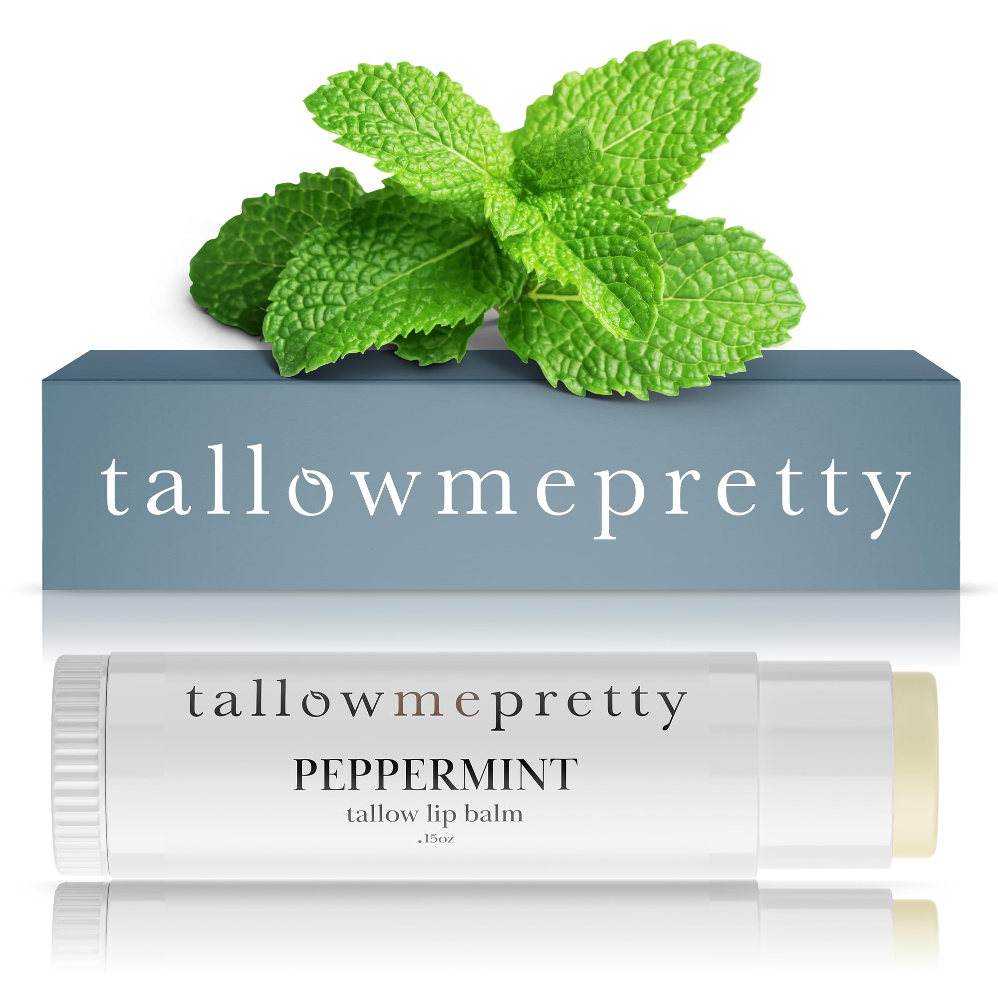 Tallow Me Pretty baume lèvres menthe-poivrée dans emballage élégant.