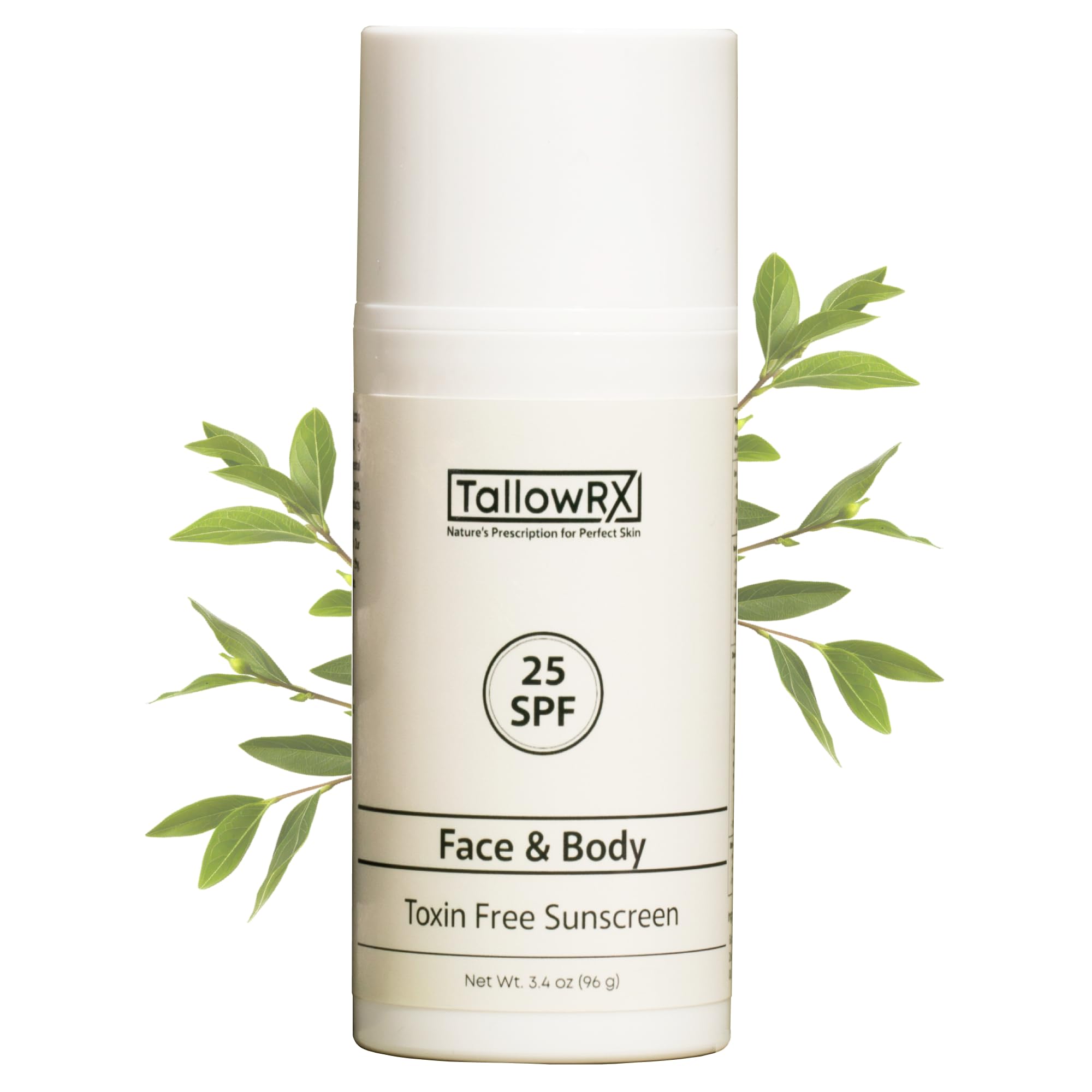 TALLOWRX: bouteille solaire SPF25 offrant une protection minérale fiable pour la peau.