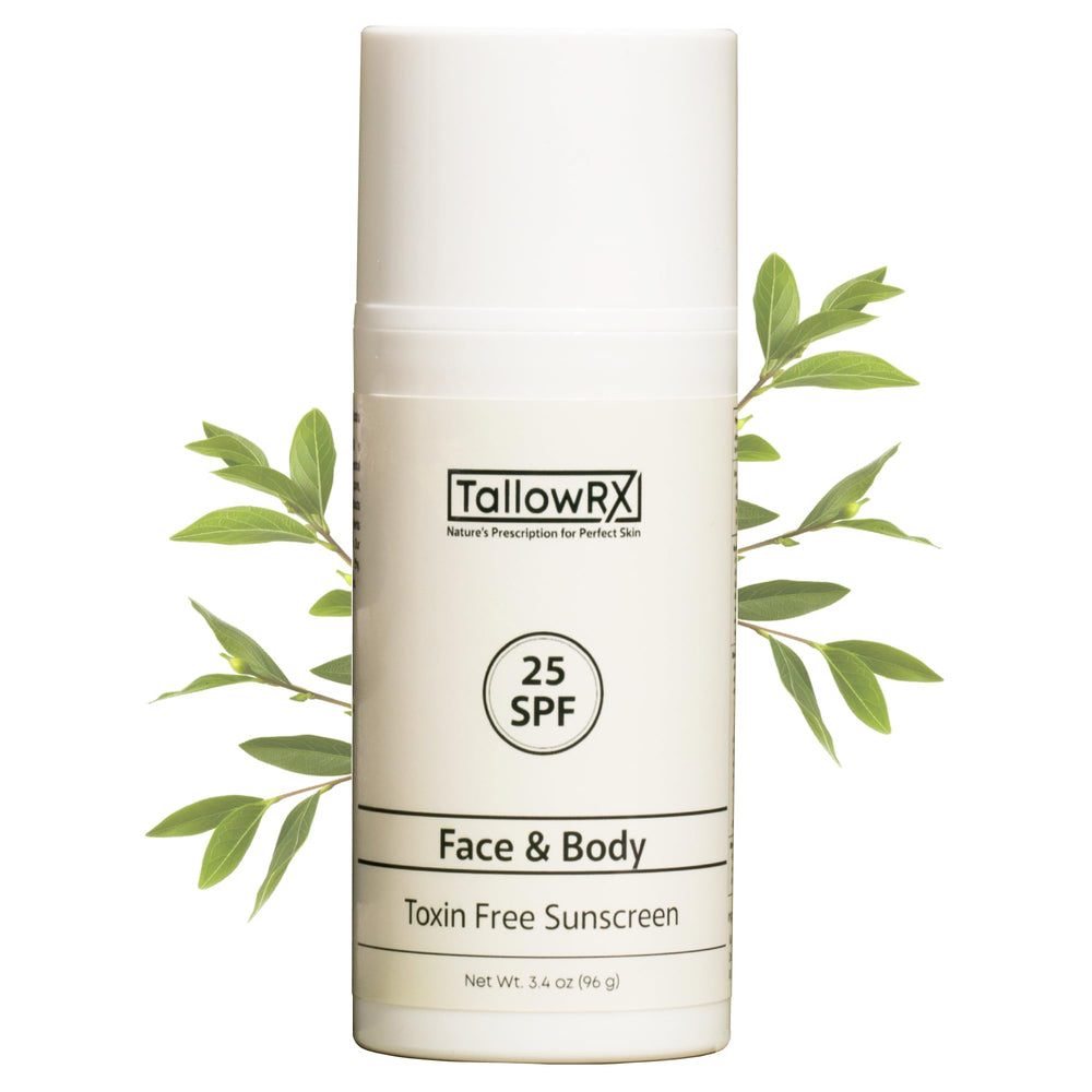 TALLOWRX: bouteille solaire SPF25 offrant une protection minérale fiable pour la peau.