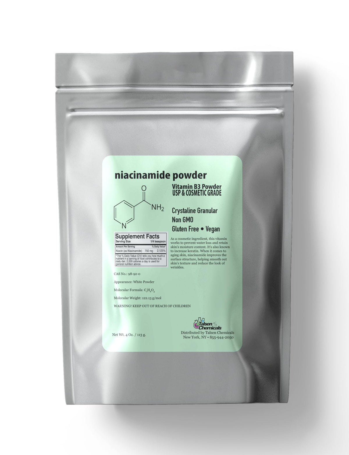 Poudre Niacinamide pure de Talsen Chemicals, visualisée en poudre, facile à incorporer dans l’eau.
