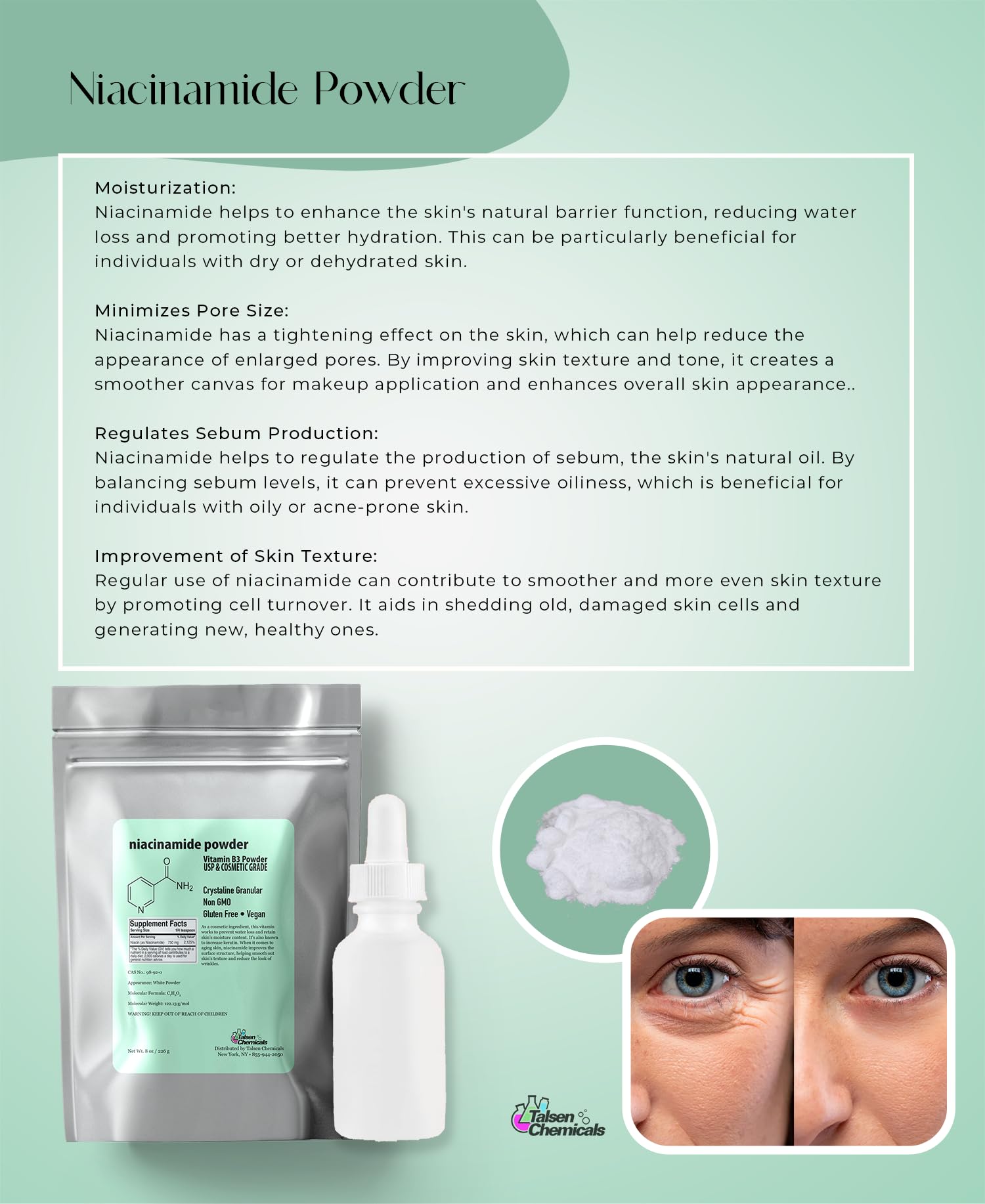Sérum Niacinamide DIY de Talsen Chemicals, flacon prêt à personnaliser selon vos besoins.