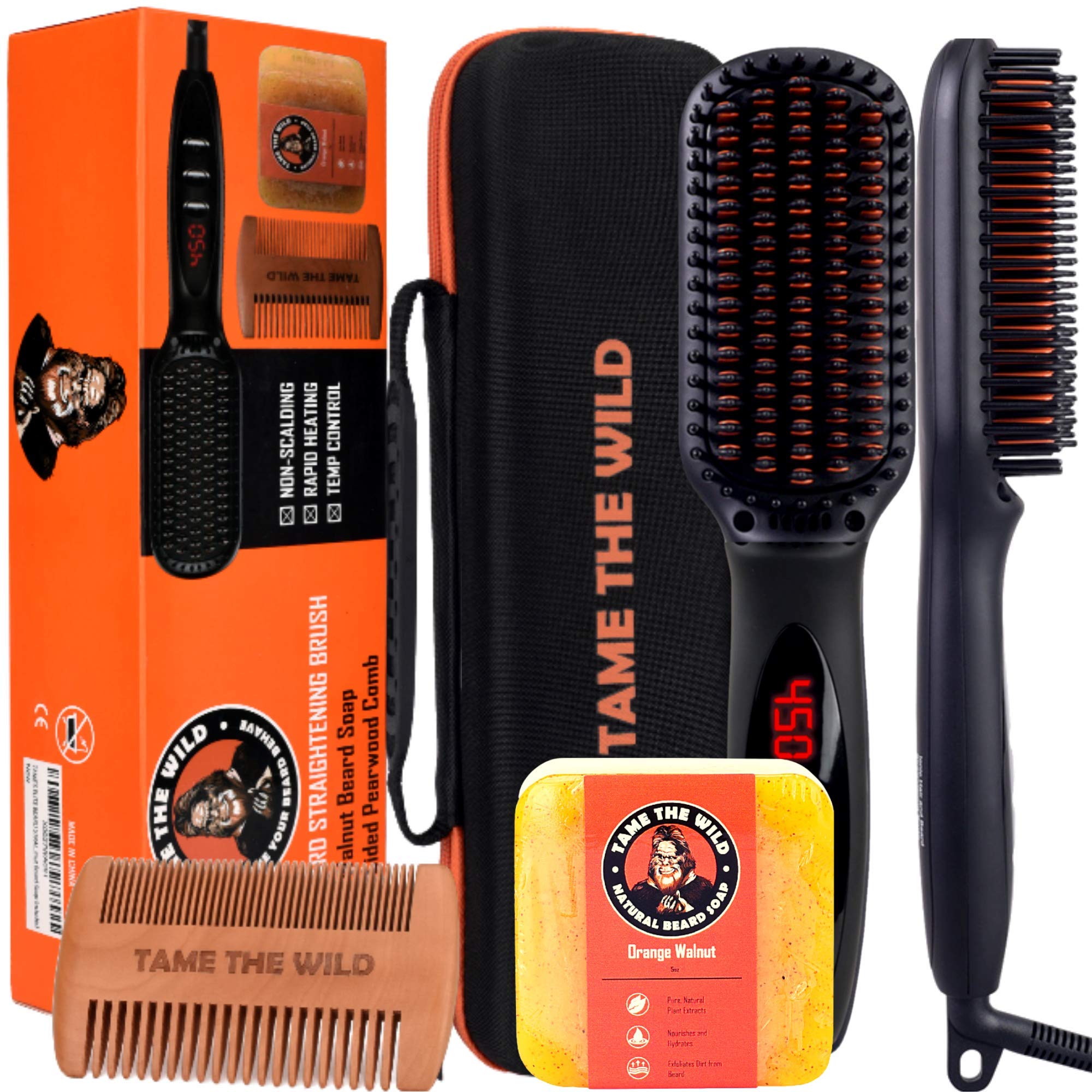 Brosse chauffante TAME THE WILD MAKE YOUR BEARD BEHAVE prête pour un lissage rapide.