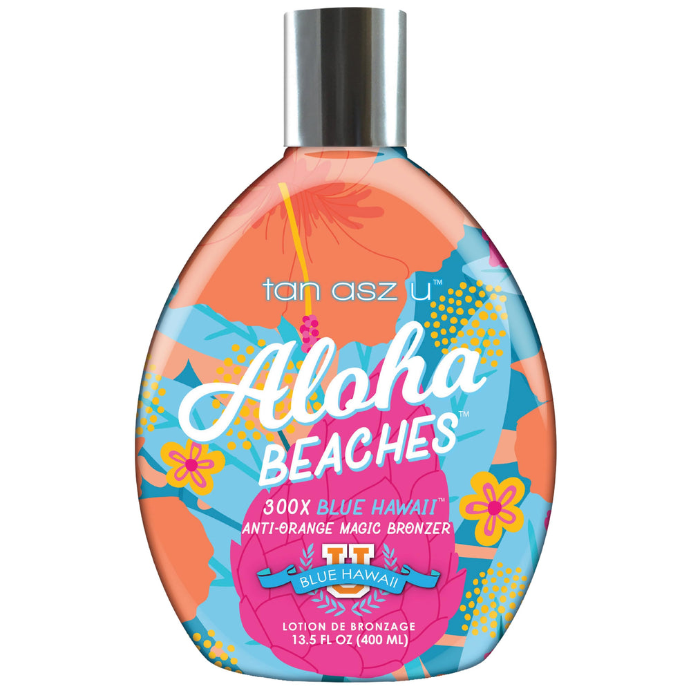 Tan Asz U Aloha Beaches, flacon bronzant bleu Hawaii pour une teinte harmonieuse et longue tenue.