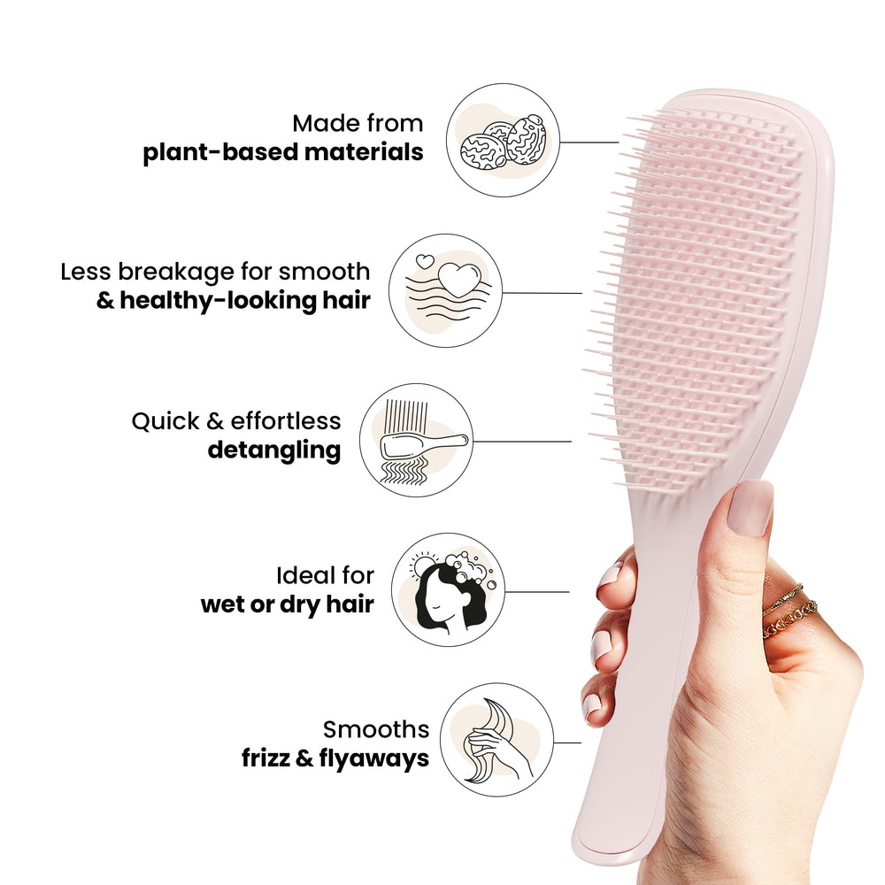 Matériau base plante, brosse Tangle Teezer, sensation douce et durable.