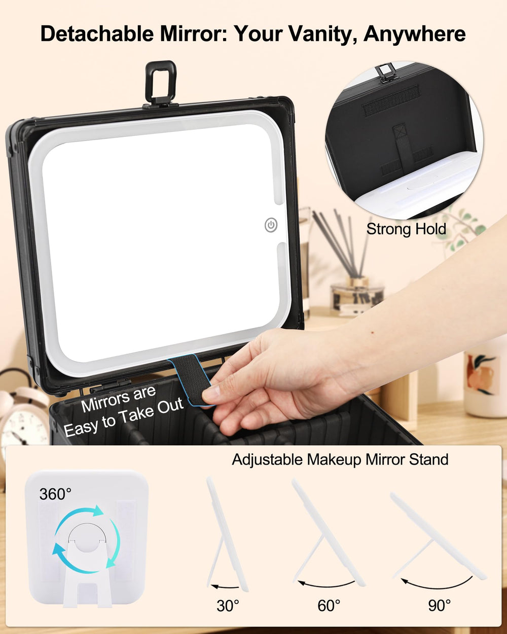 TANTO miroir-maquillage amovible avec velcro, fixation pratique