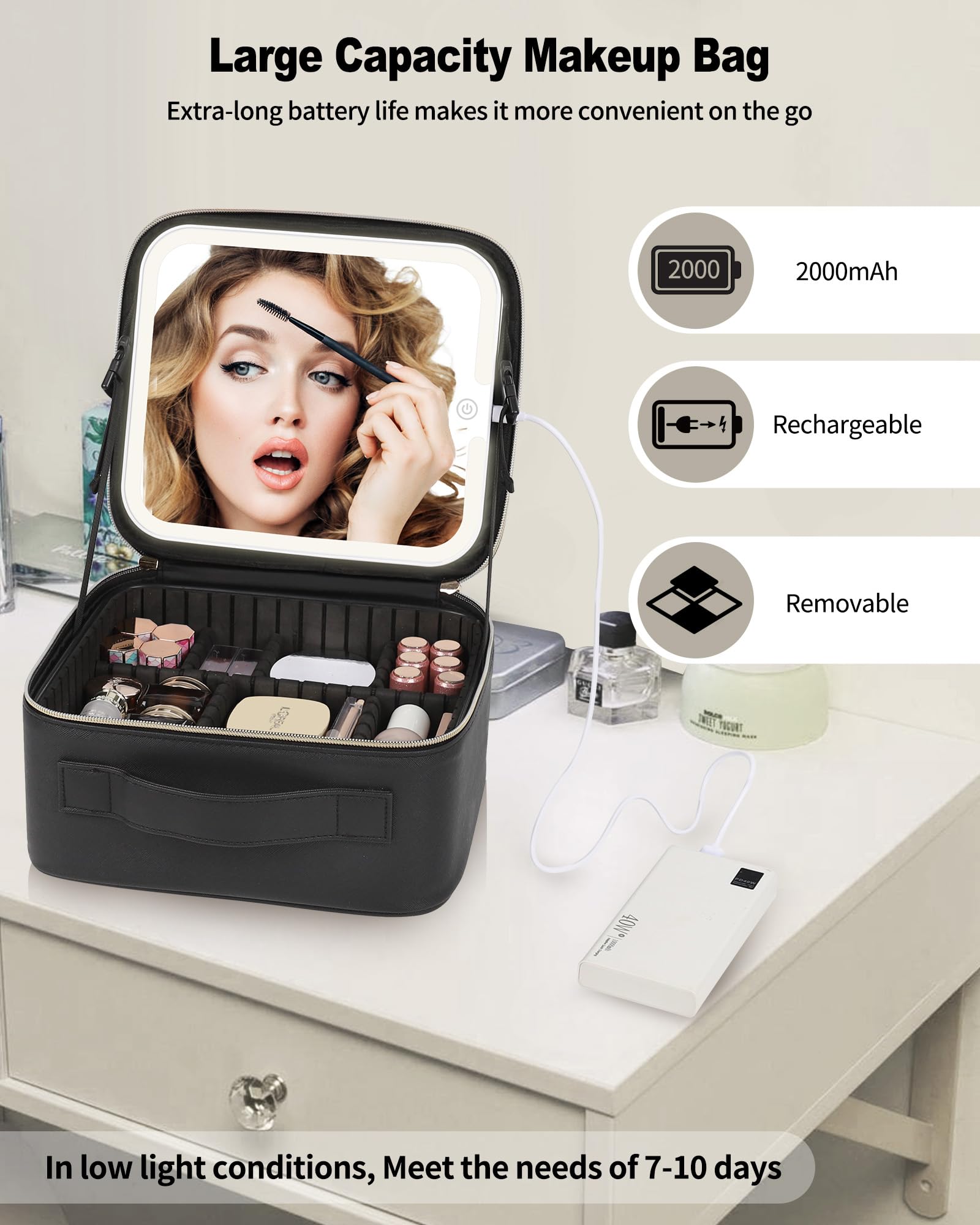 TANTO Trousse Maquillage Miroir LED - éclairage à trois tons pour précision