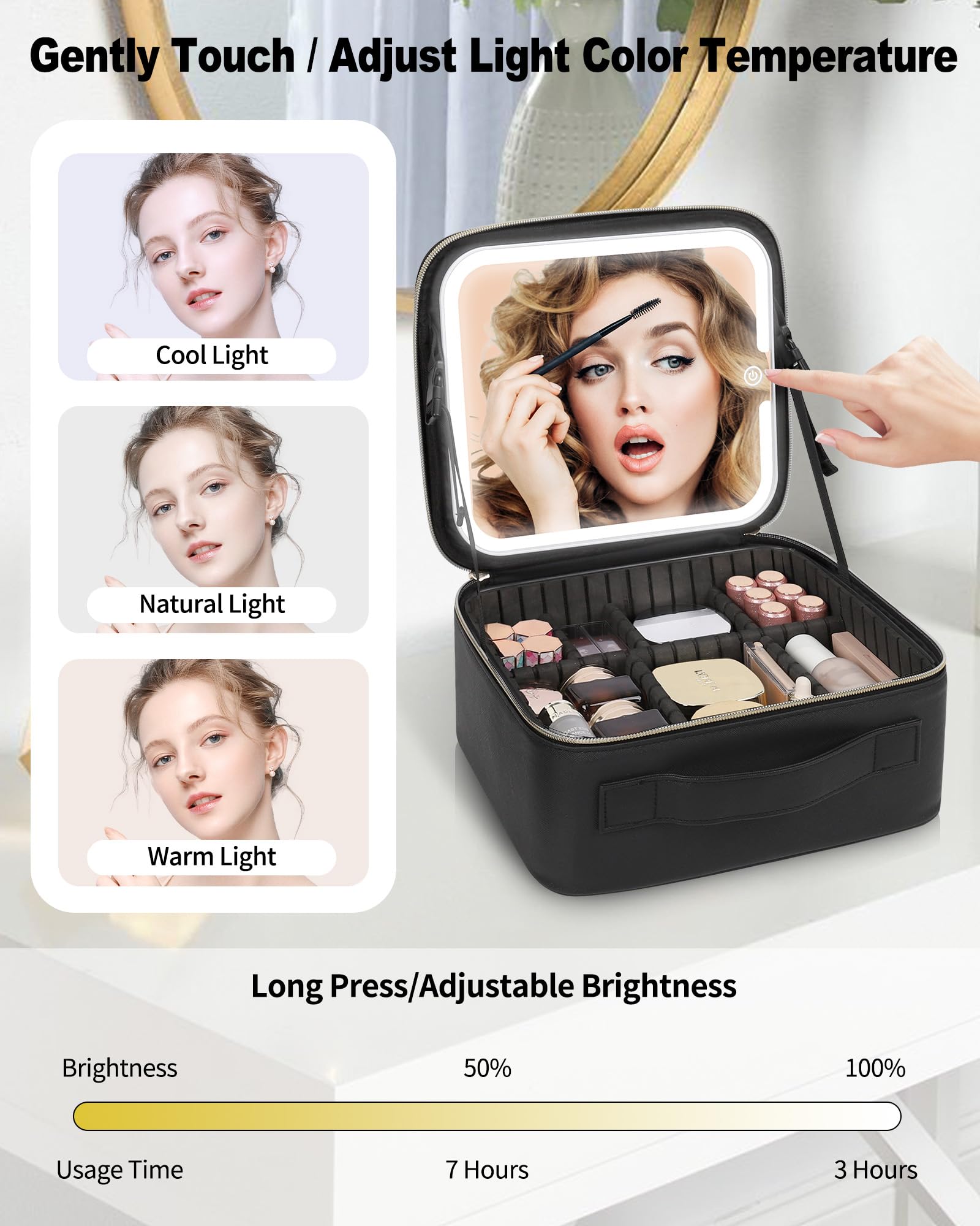 TANTO Trousse Maquillage Miroir LED - panneau pinceaux intégré