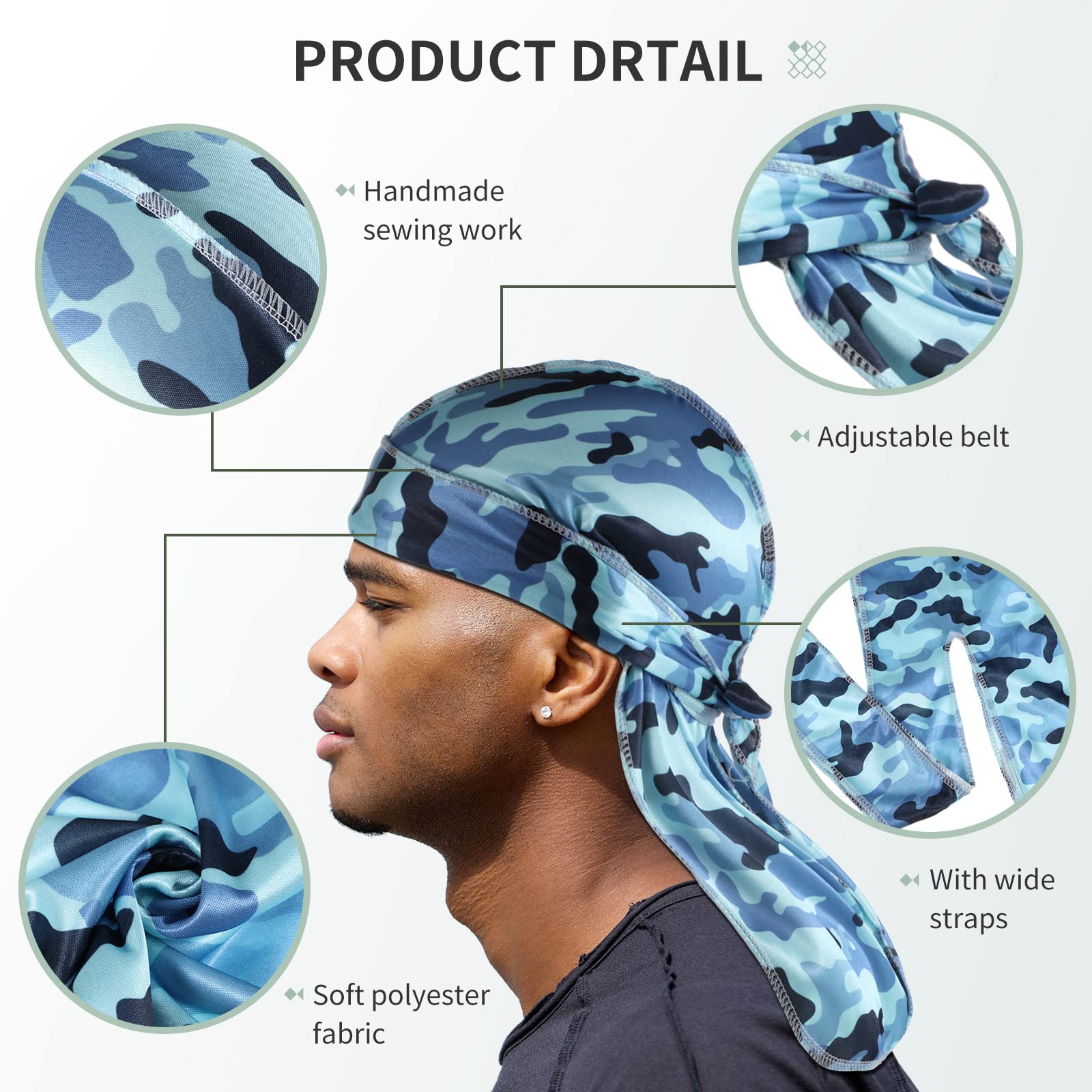 Durag Tarpop camo bleu avec queue longue, look tendance et maintien sûr