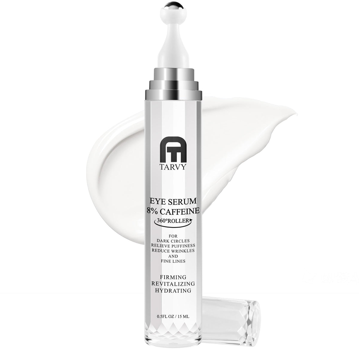 Tarvy eye serum bottle with 8 percent caffeine for a refreshed under-eye look.