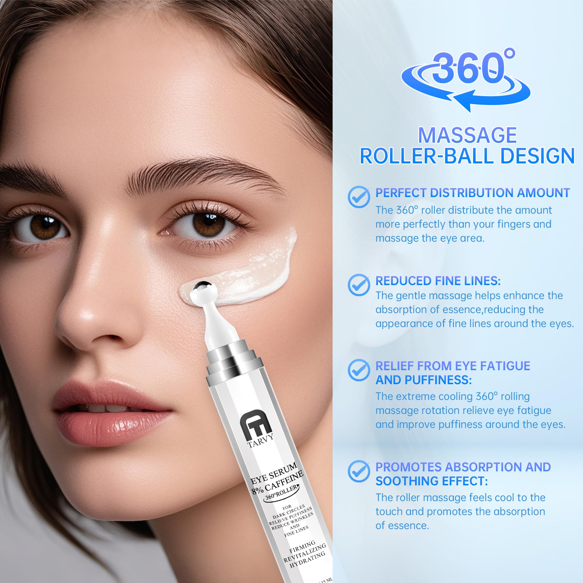 Tarvy puffiness relief roller demonstrates eye massage action.