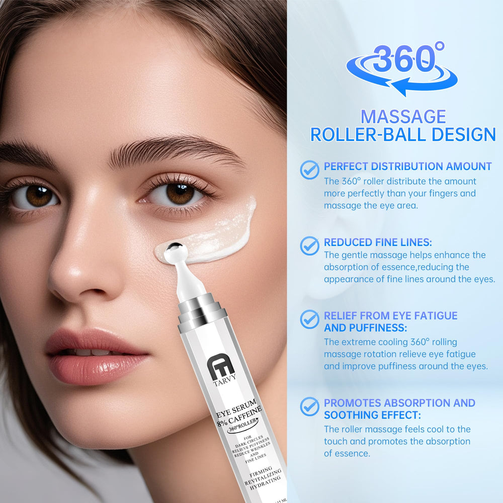Tarvy puffiness relief roller demonstrates eye massage action.