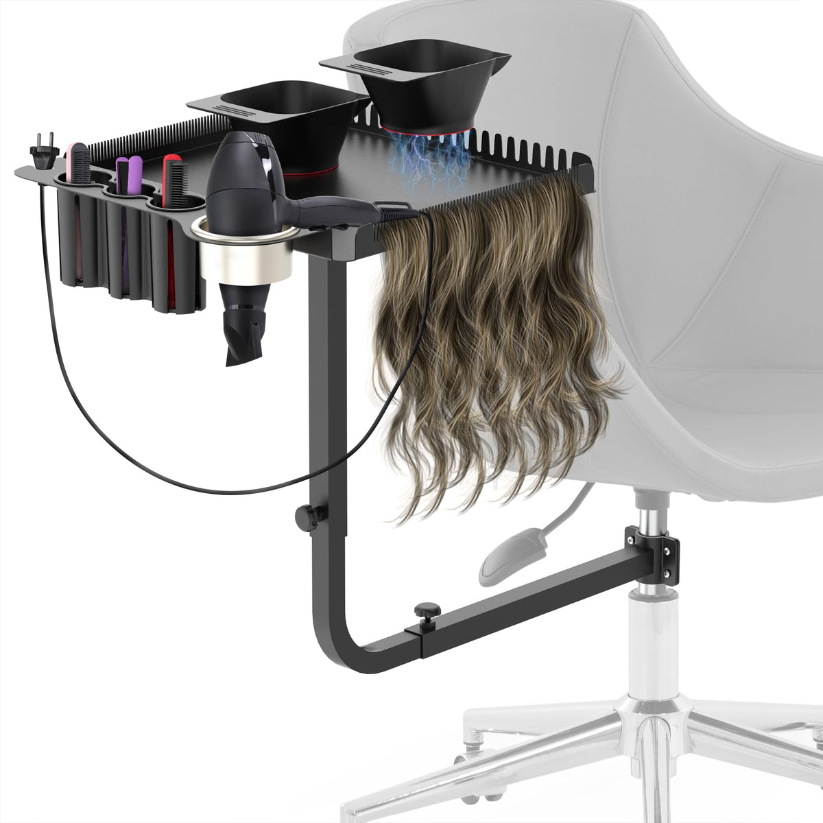 Tasalon plateau-coiffure monté sur chaise en acier avec accès rapide aux outils.