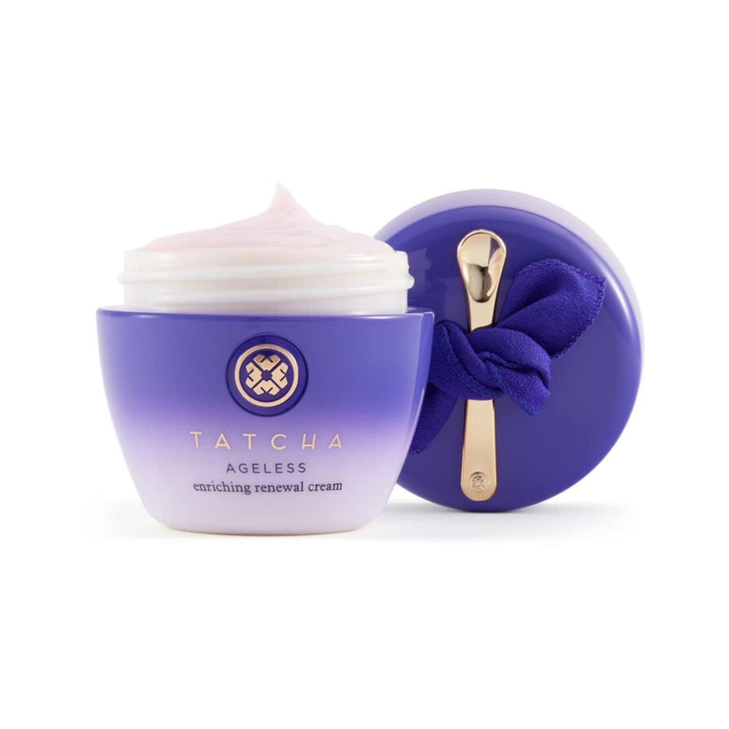 Cette image présente l'emballage design de TATCHA Ageless Enriching Renewal Cream pour une routine élégante.