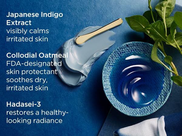 Indigo et avoine colloïdale pour apaiser les inconforts du visage.