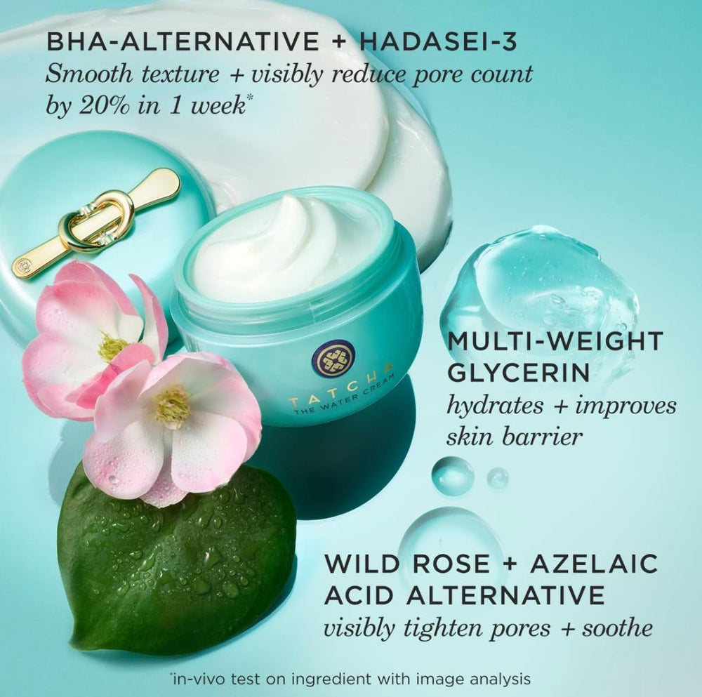 TATCHA Jumbo Water Cream exploite des botanicals japonais comme Rose Sauvage et Lys Léopard.