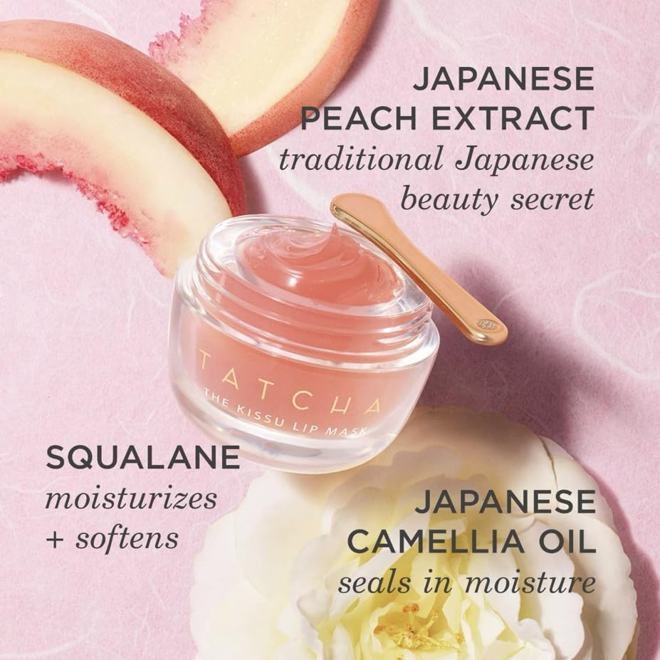 Masque lèvres Kissu de Tatcha, ingrédients clés: squalane et pêche japonaise.