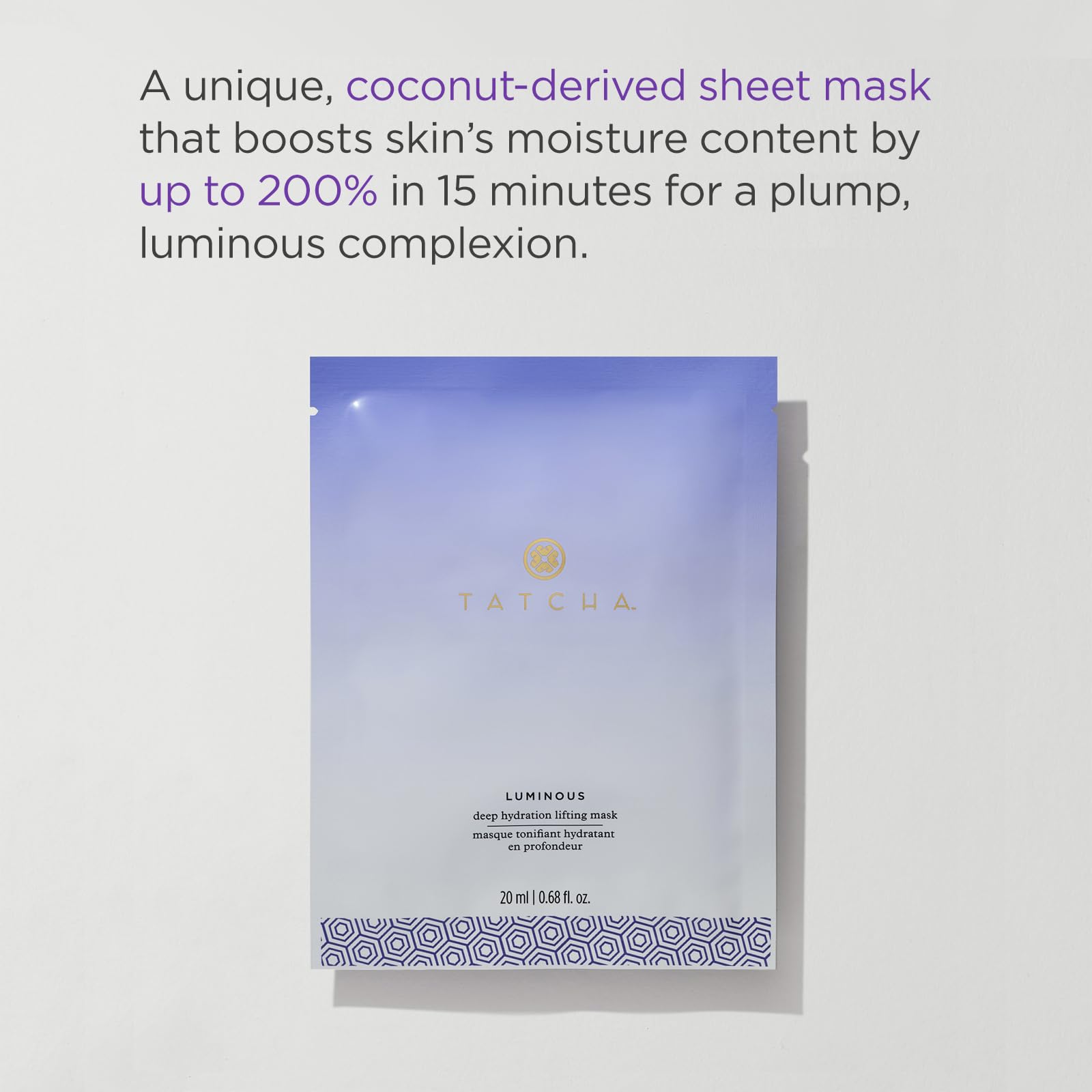 Emballage individuel TATCHA: masque hydratant offrant une peau lumineuse.