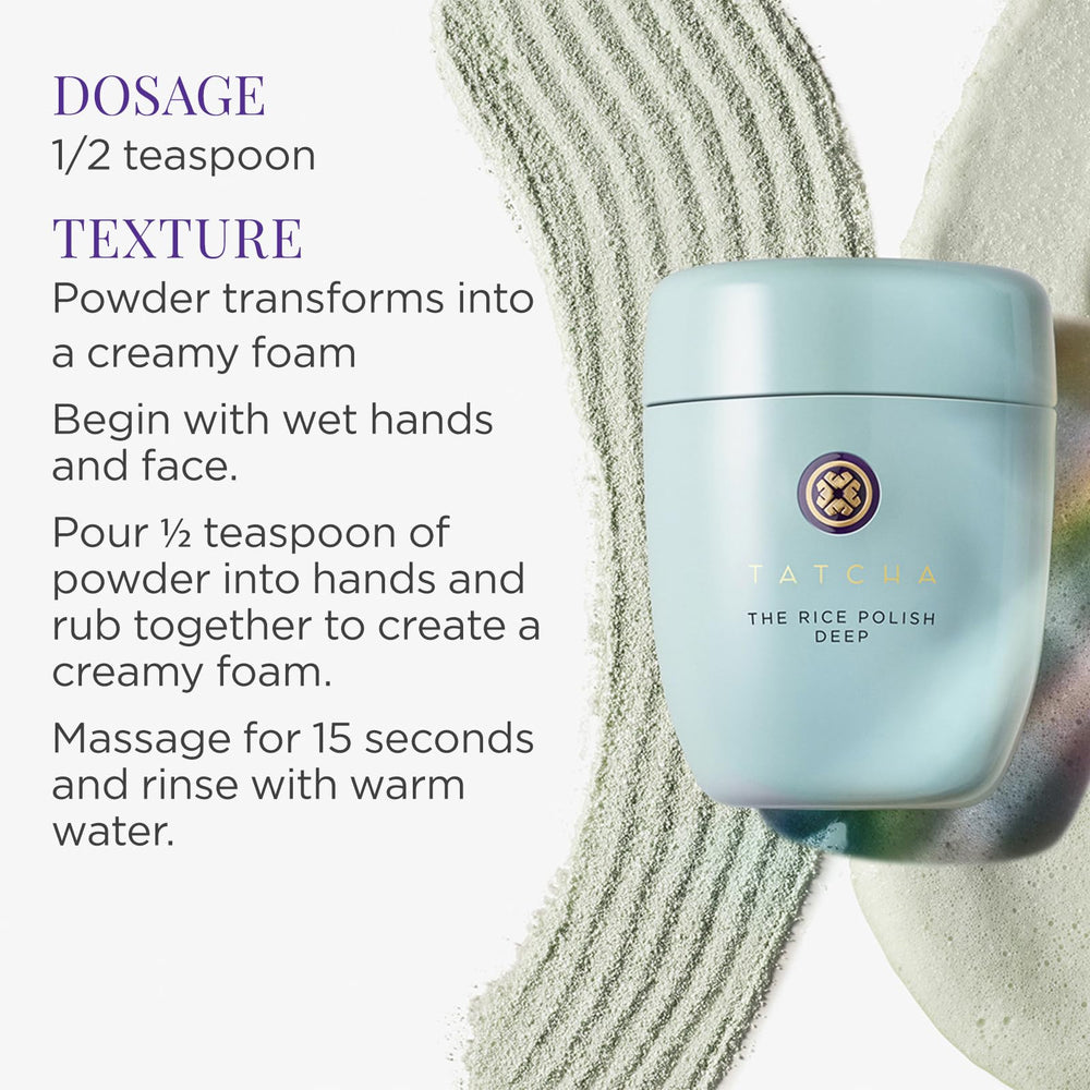 Tatcha Polissage profond au riz – nettoyage en douceur avec base amino-acide neutre.