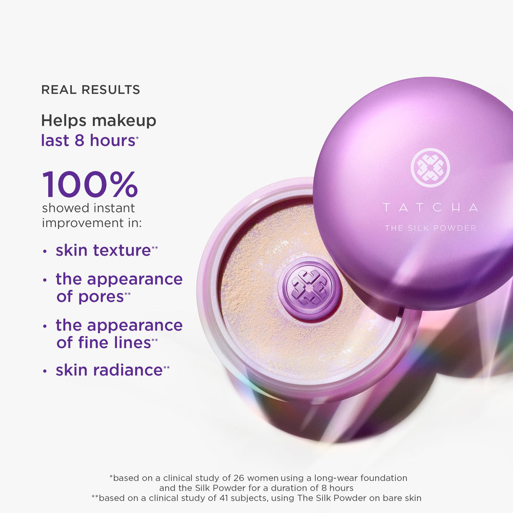 Texture ultra-fin de Poudre de Soie Tatcha, pores floutés.