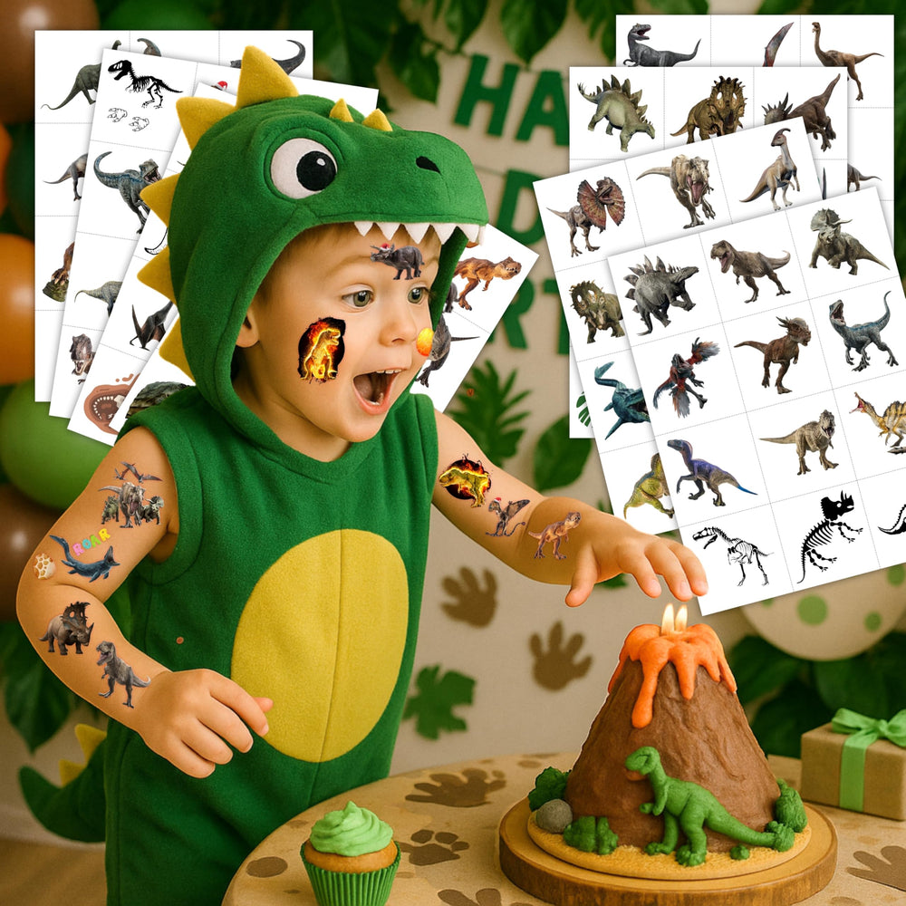 Tatouages dinosaure 3D — feuilles design pour decoration d'anniversaire.