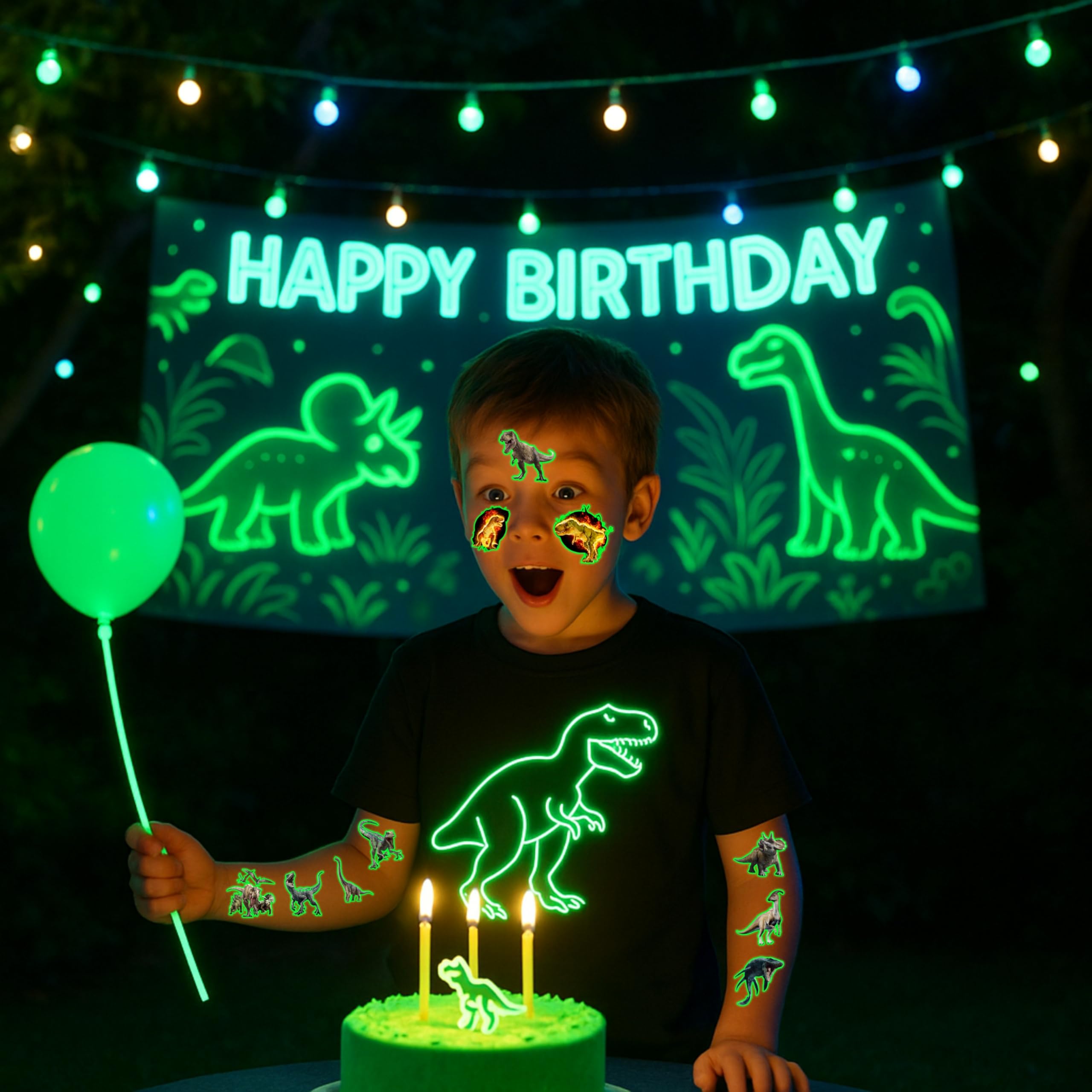 Tatouages dinosaures 3D, motif T-Rex, idéal pour les décorations de fête.