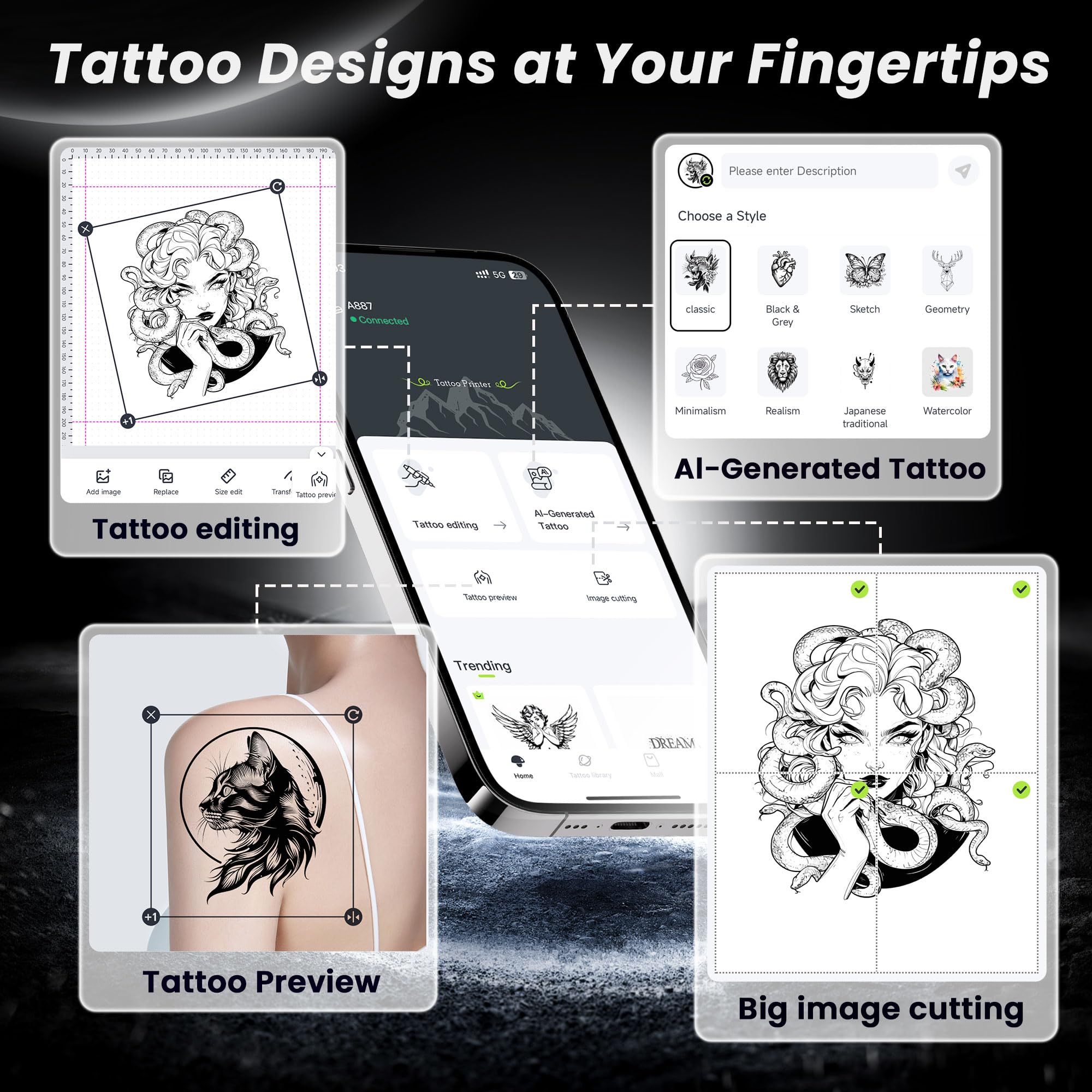 TATTMUSE prévisualisation des designs sur écran, ajustement avant impression.