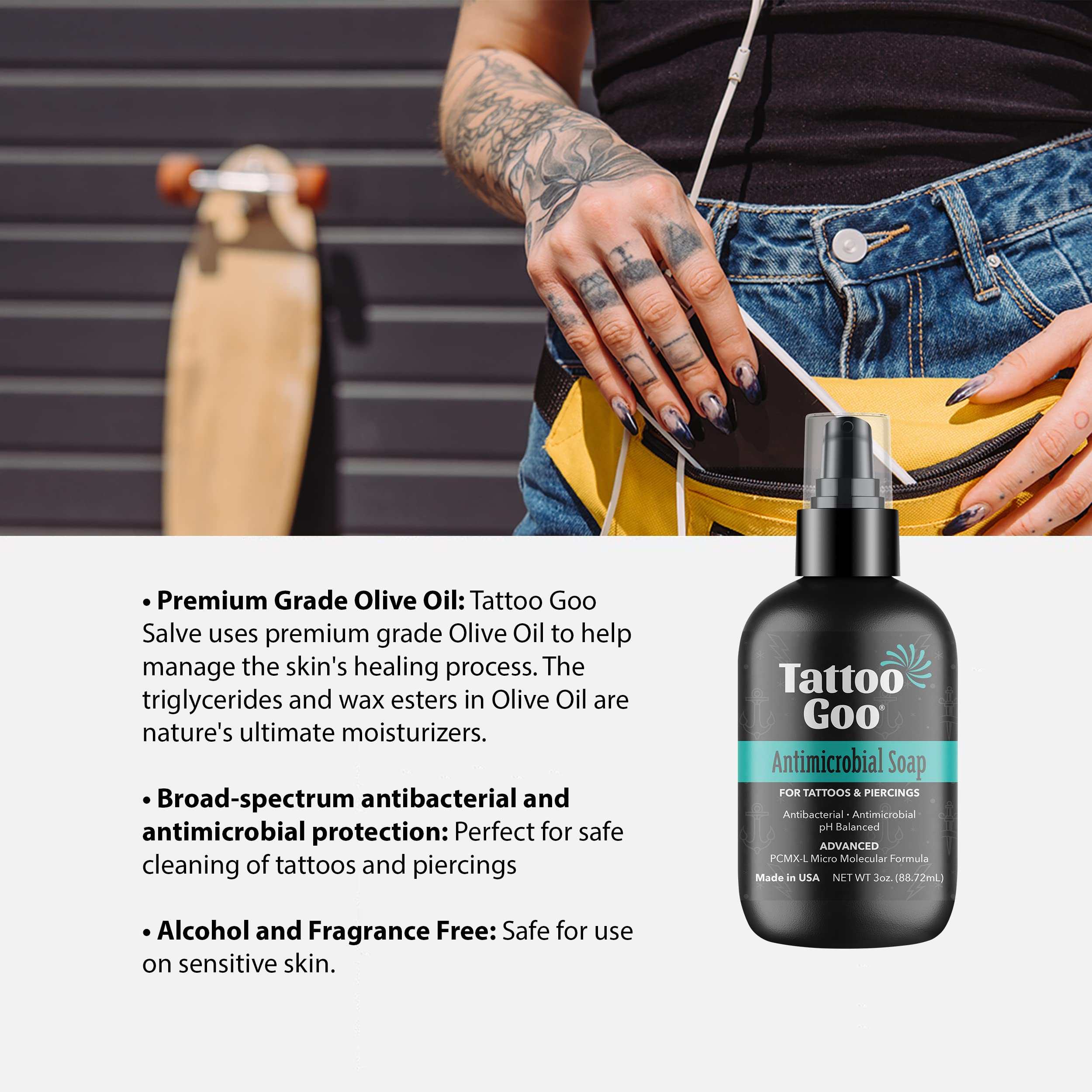 Lotion hydratante Tattoo Goo en flacon, peau hydratée et encre éclatante
