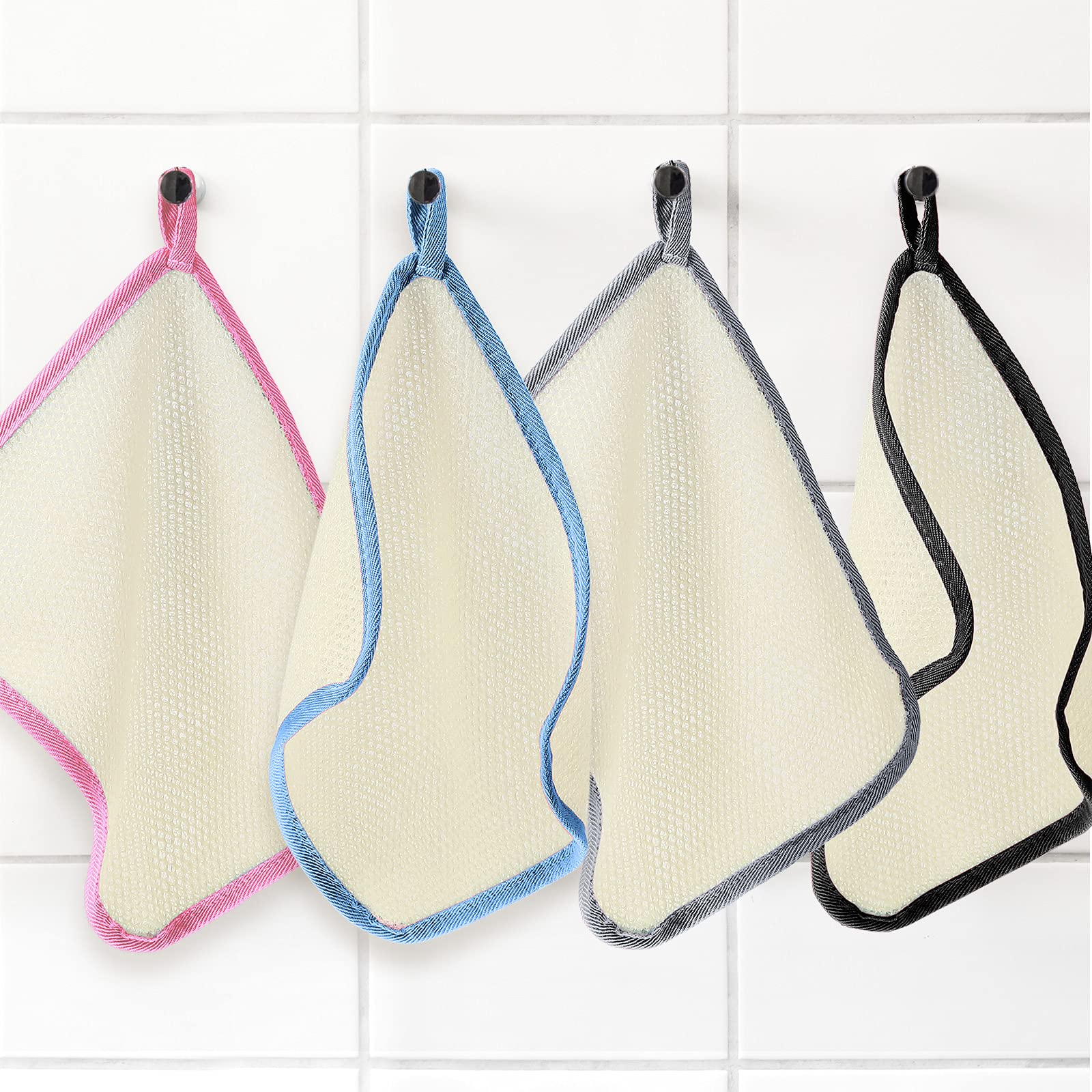 Gants exfoliants Tatuo: bords renforcés en nylon pour durabilité.