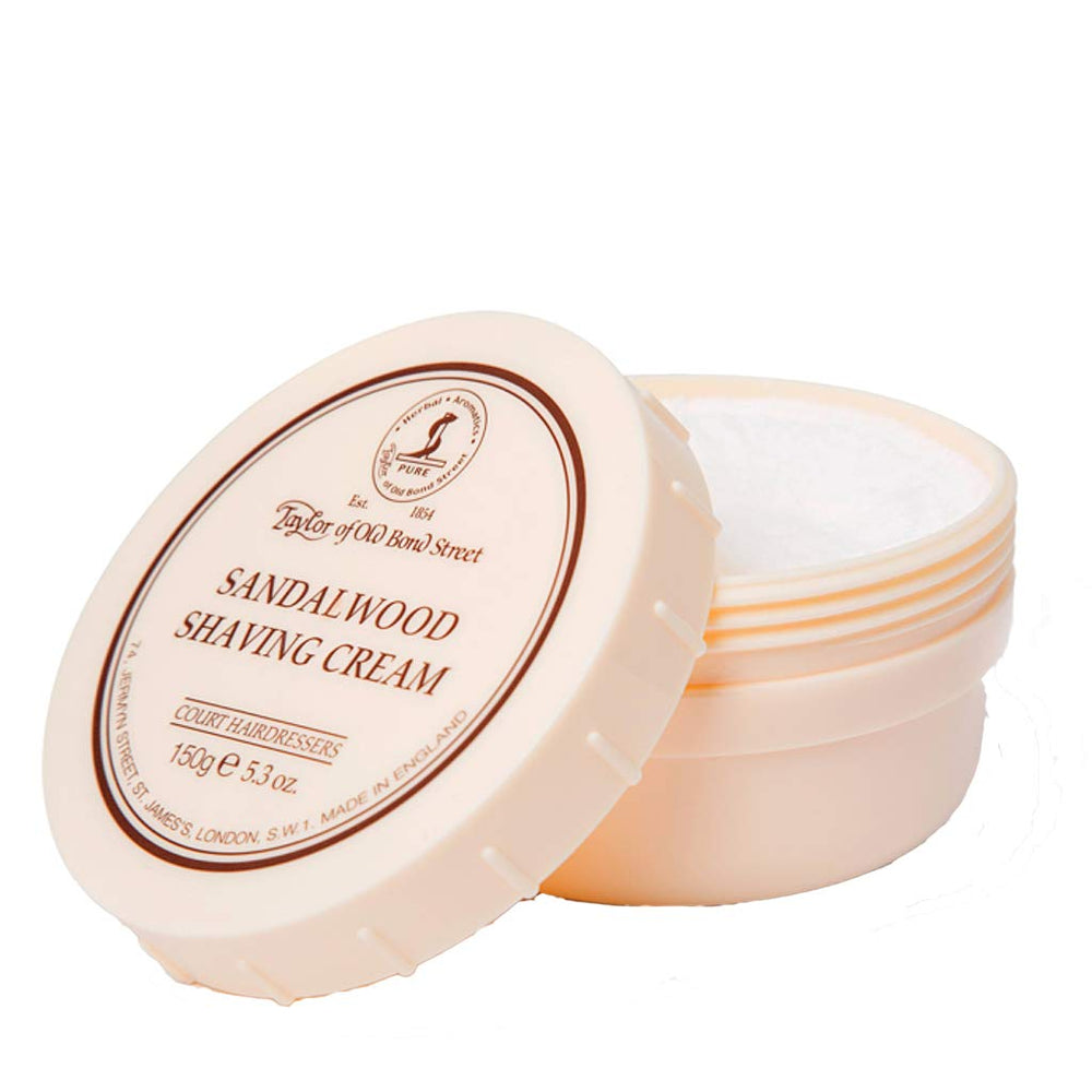 Crème de rasage Taylor Bois de santal, texture riche prête à l'emploi.
