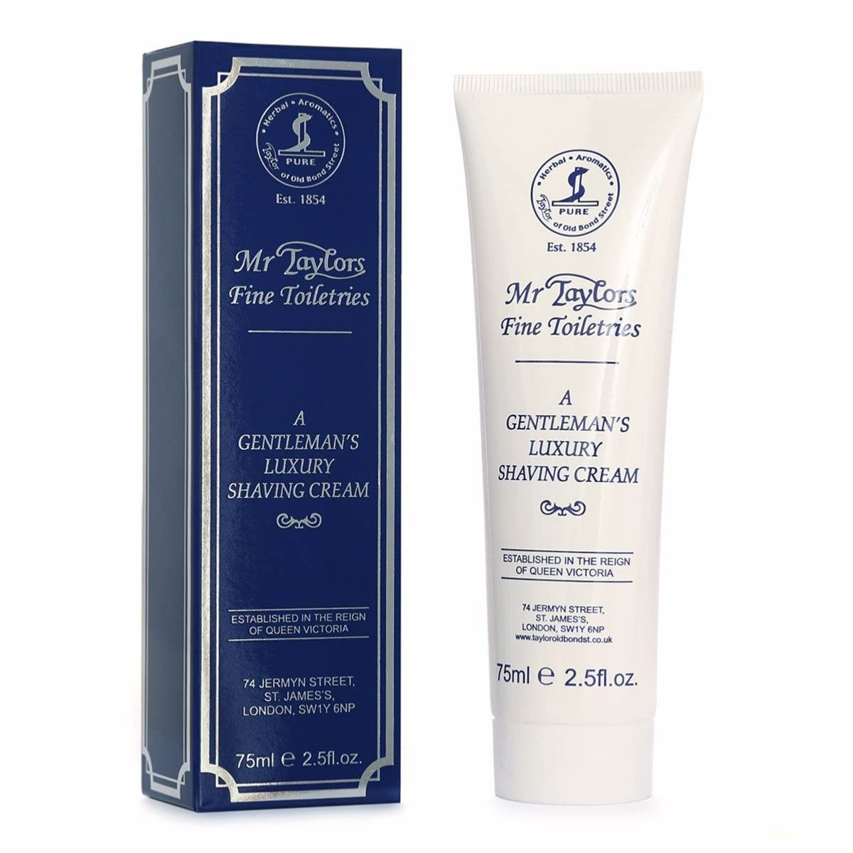 Mr. Taylors crème à raser — texture et emballage compact, pratique en voyage.