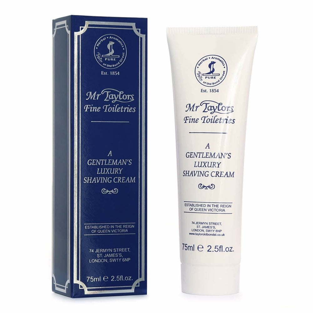 Mr. Taylors crème à raser — texture et emballage compact, pratique en voyage.