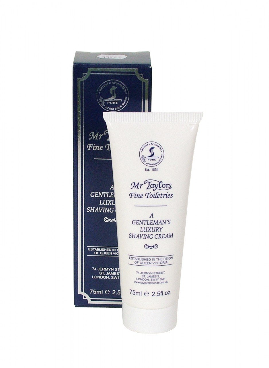 Mr. Taylors crème à raser — vue produit, texture riche pour une application douce.