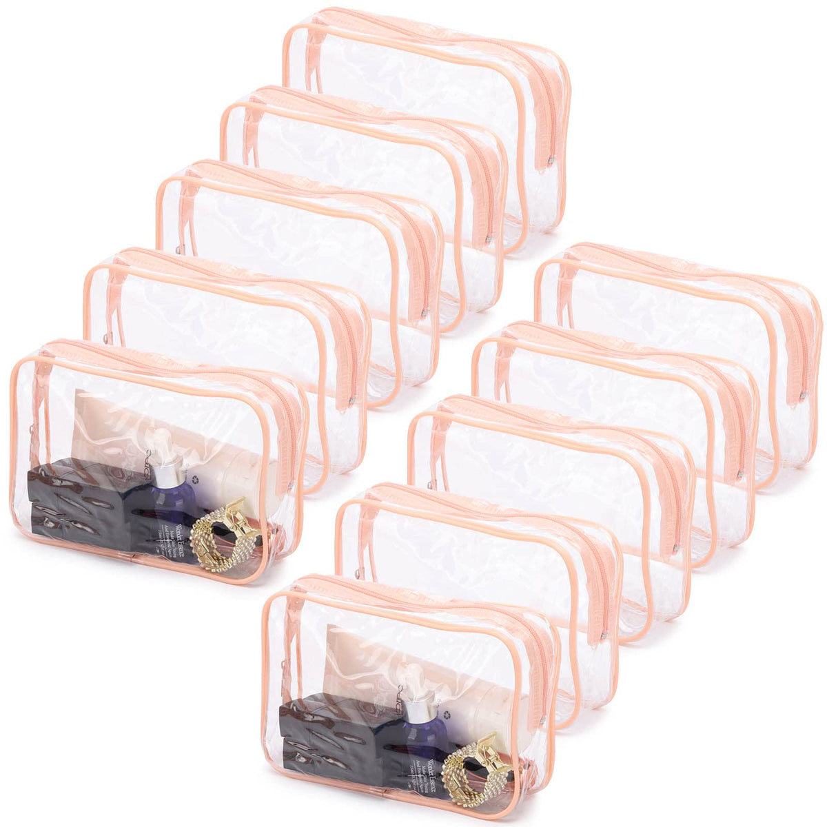 Pochette cosmétique Tbestmax transparente pêche vue ouverte, repérez rapidement les articles.