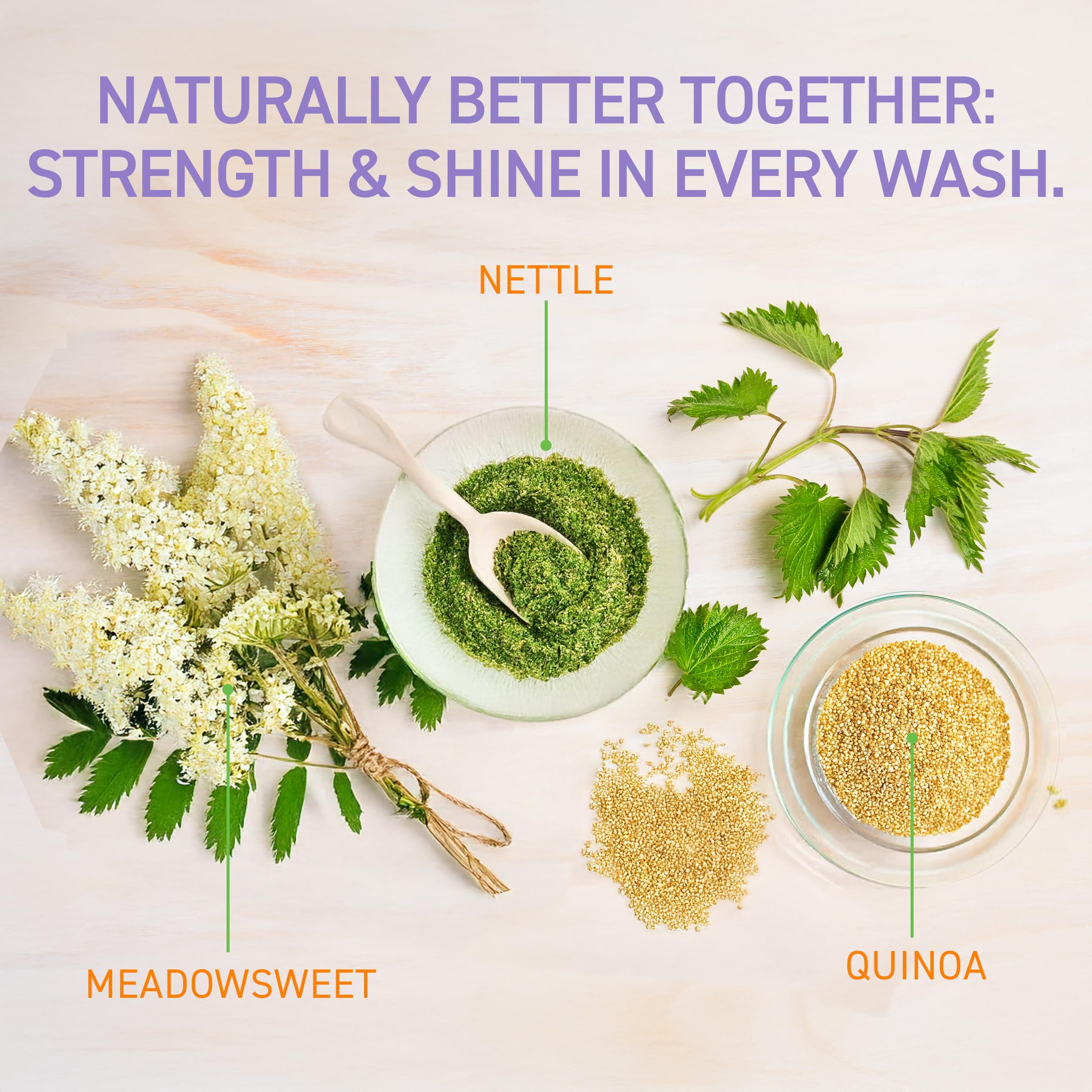 Ingrédients nourrissants comme quinoa et jojoba pour cheveux en bonne santé.