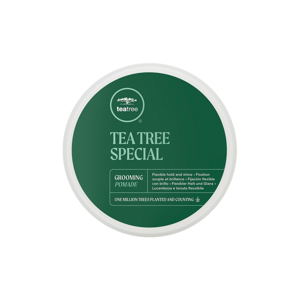 Tea Tree Grooming Pomade bouteille compacte avec tenue flexible et brillance.