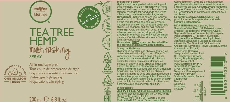 Tea Tree Hemp Multitasking Spray, pratique en voyage pour cheveux frais.