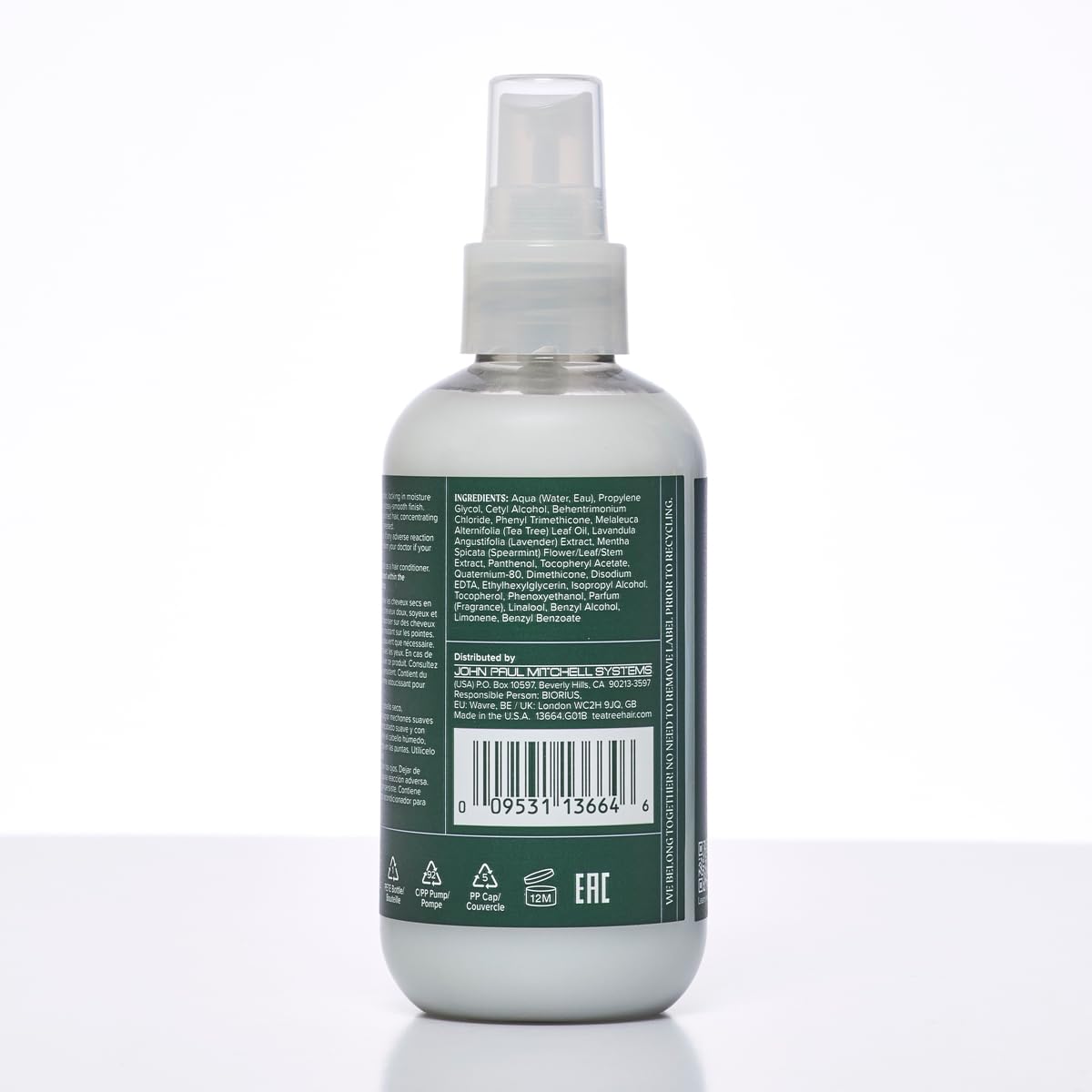Tea Tree Lavande Menthe étiquette et flacon illustrant ingrédients apaisants.